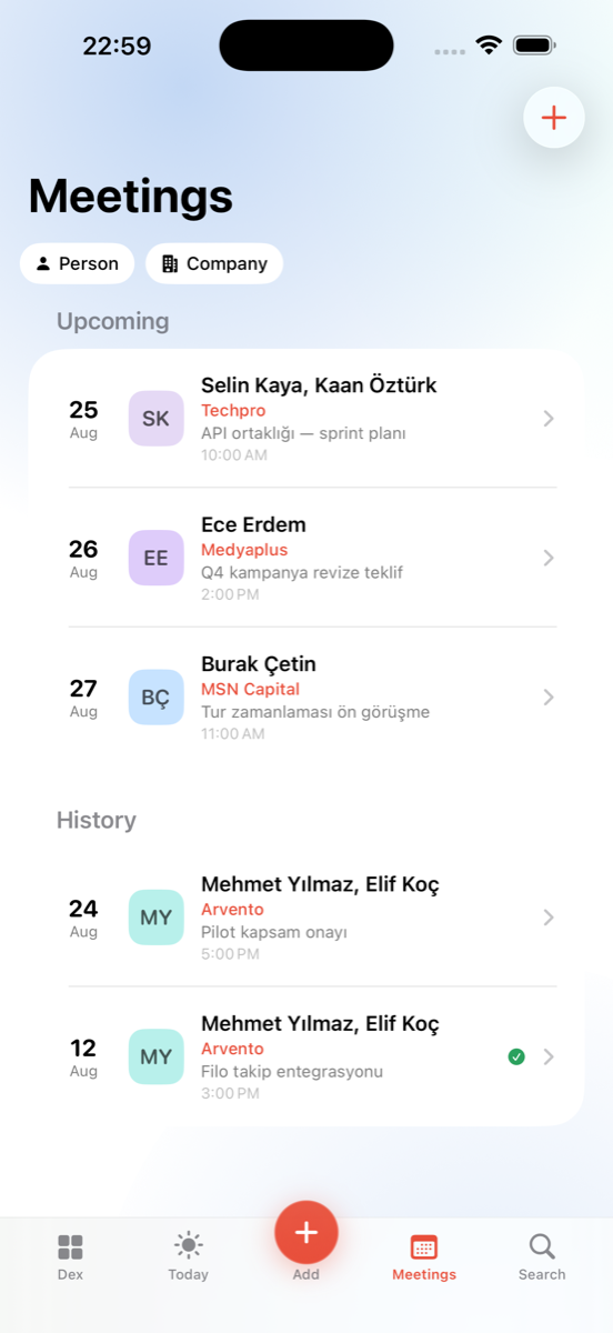 GogoDex Toplantılar ekranı: yaklaşan ve geçmiş görüşmeler