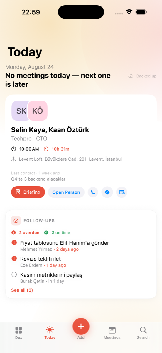 GogoDex Bugün ekranı: günün toplantısı ve takipler